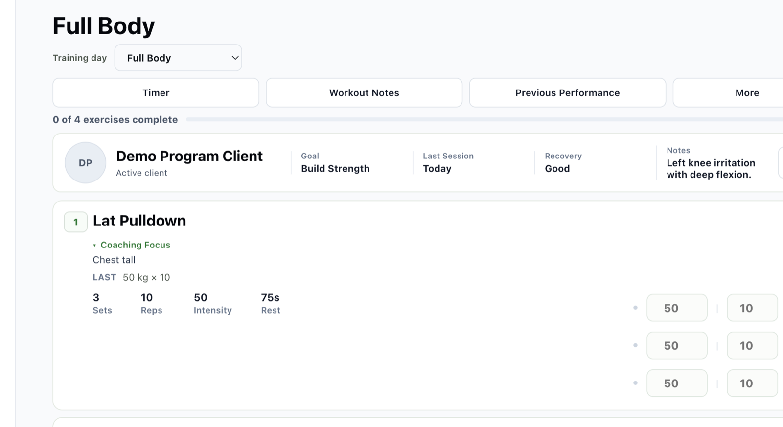 repivo active workout showing exercises, performance and set logging