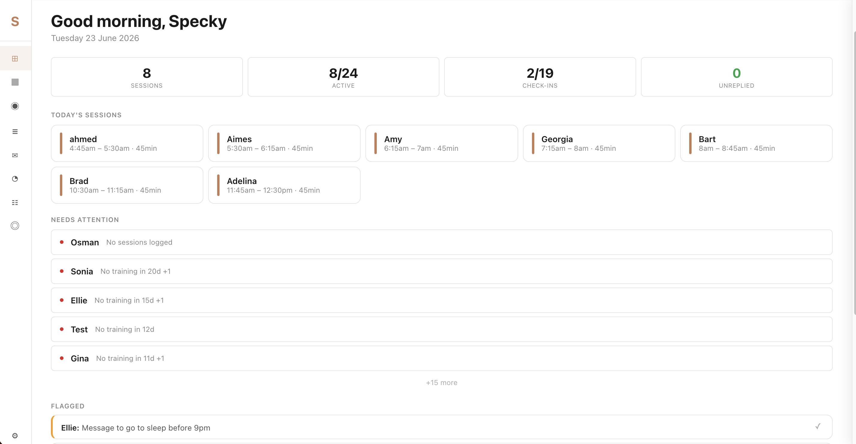 Speck PT coach dashboard showing today's sessions, client status, and flagged items